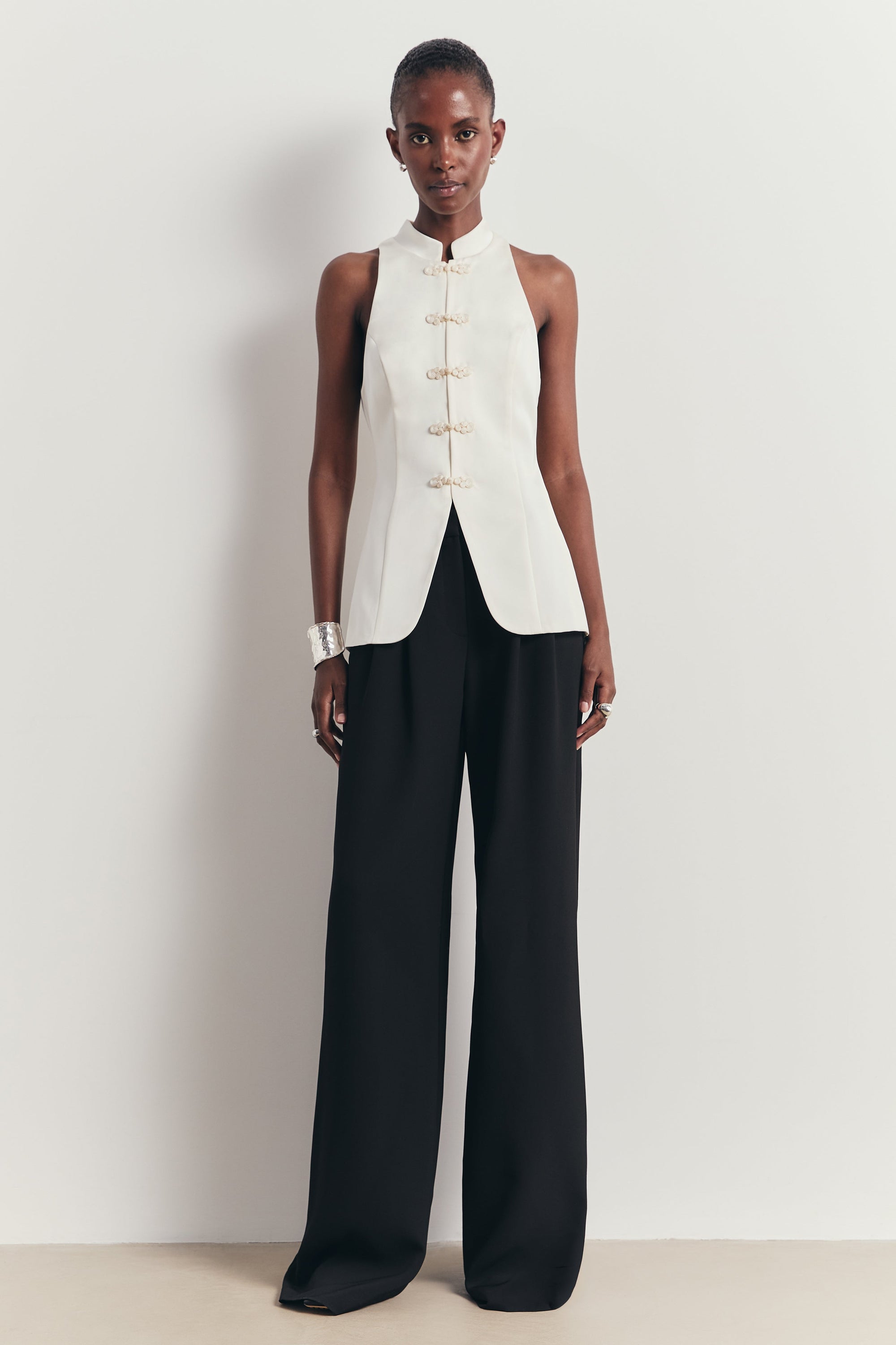 Tailored Satin Mandarin Collar Top - Ivory