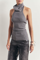 Relaxed Ribbed High Neck Halter Top - Slate