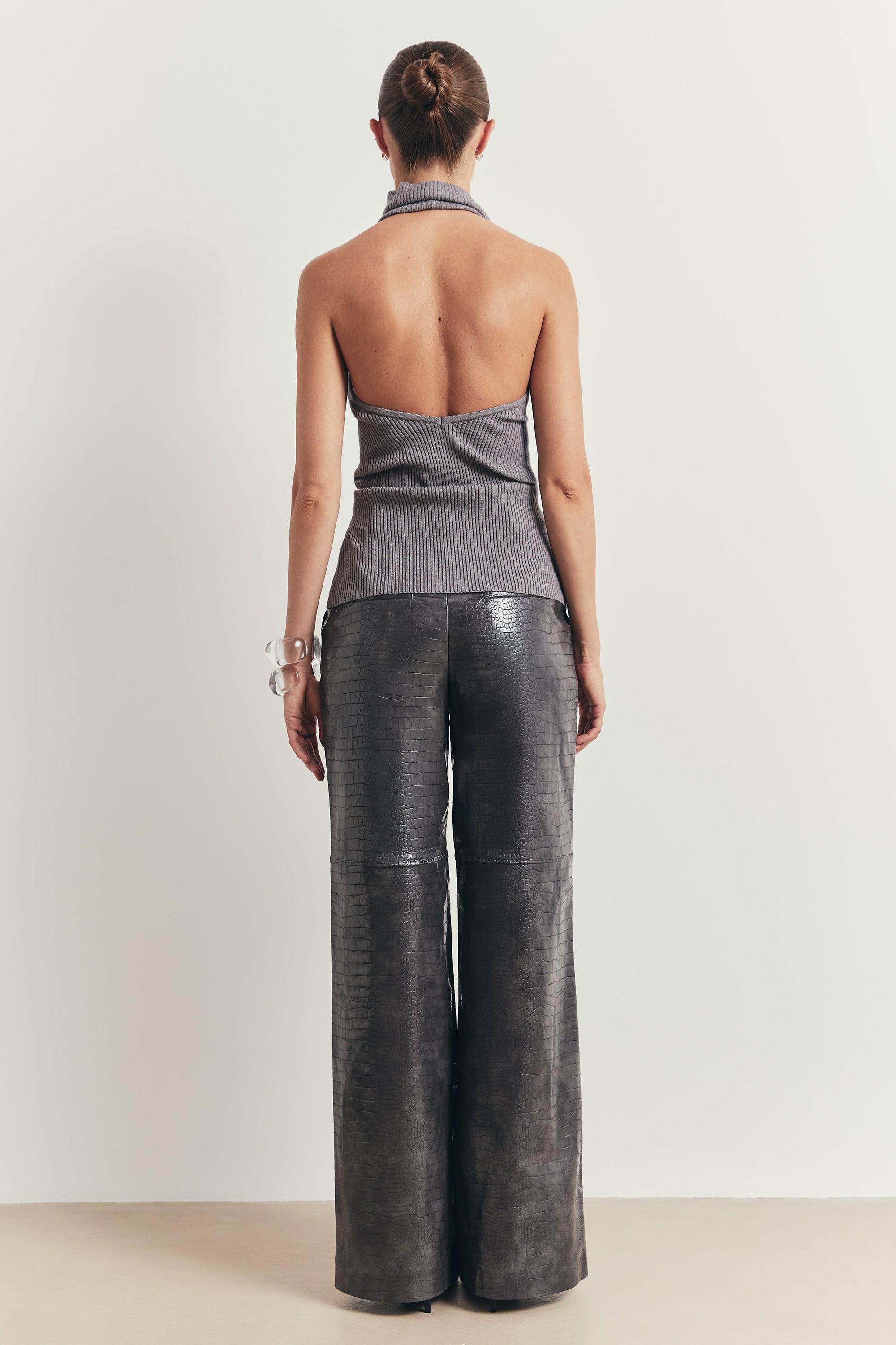 Relaxed Ribbed High Neck Halter Top - Slate
