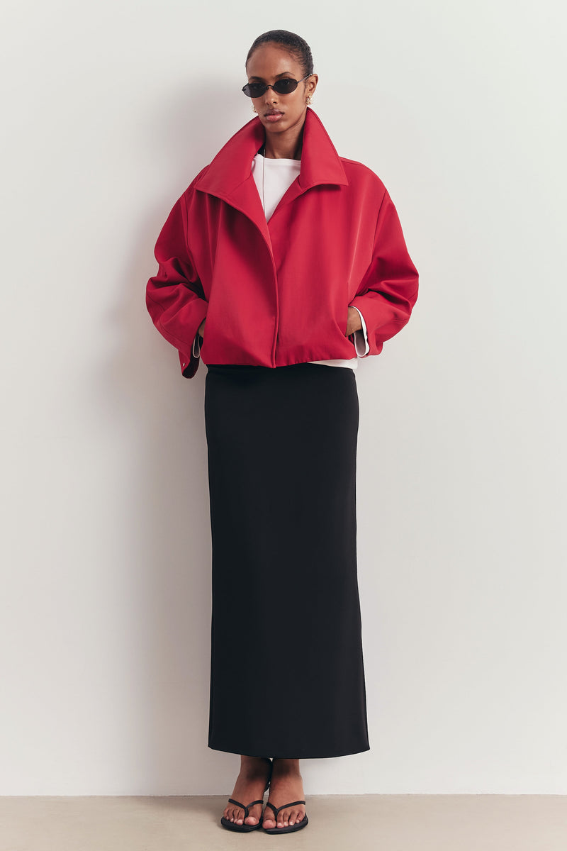 Cropped Funnel Neck Open Jacket - Scarlet