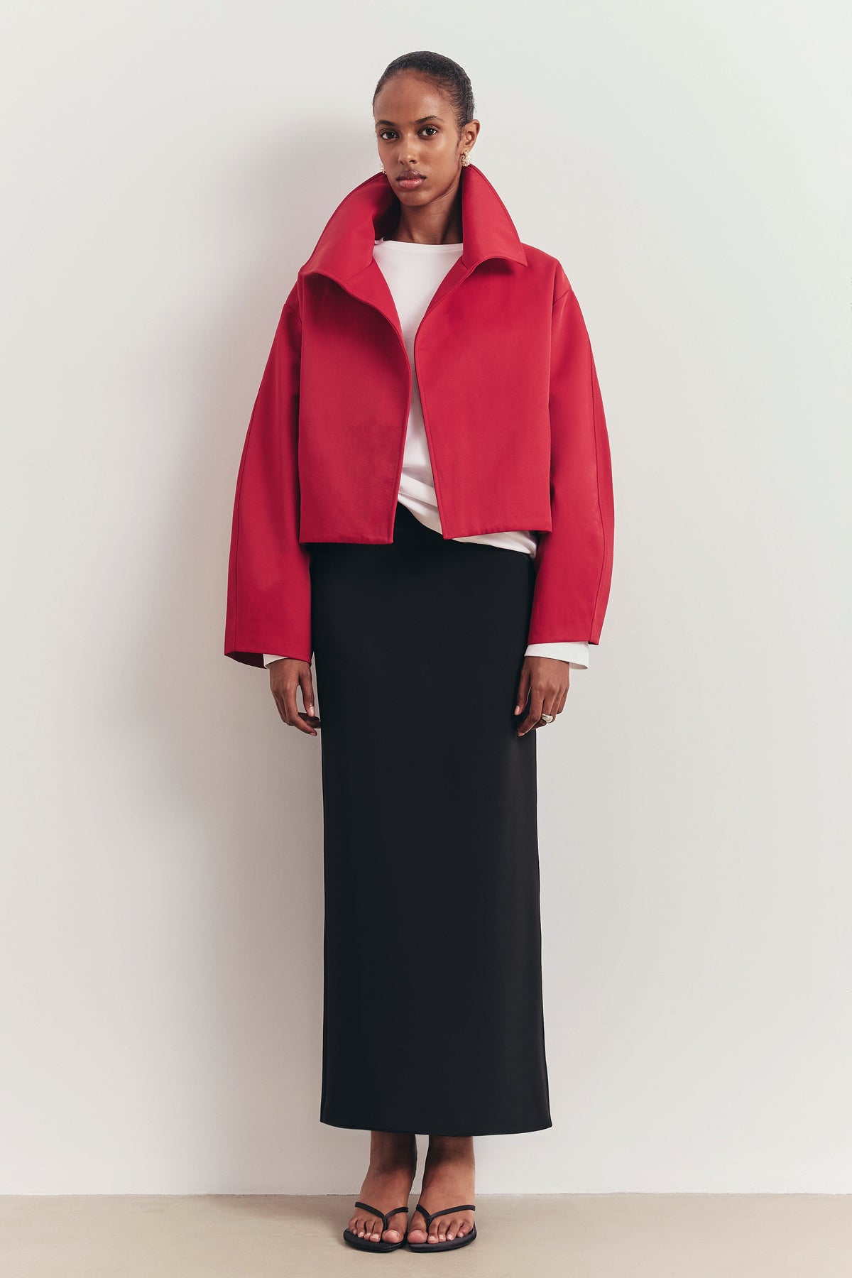 Cropped Funnel Neck Open Jacket - Scarlet