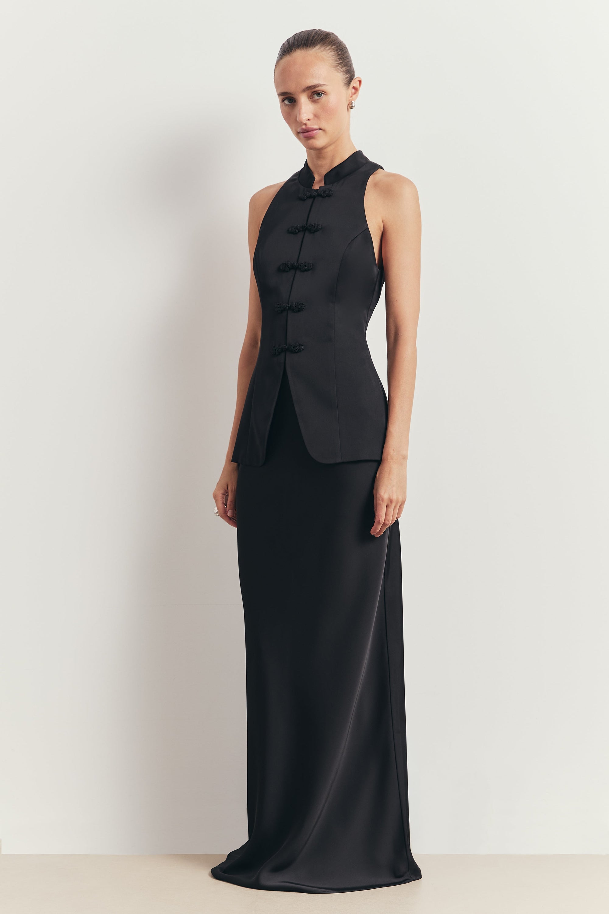 Tailored Satin Mandarin Collar Top - Black