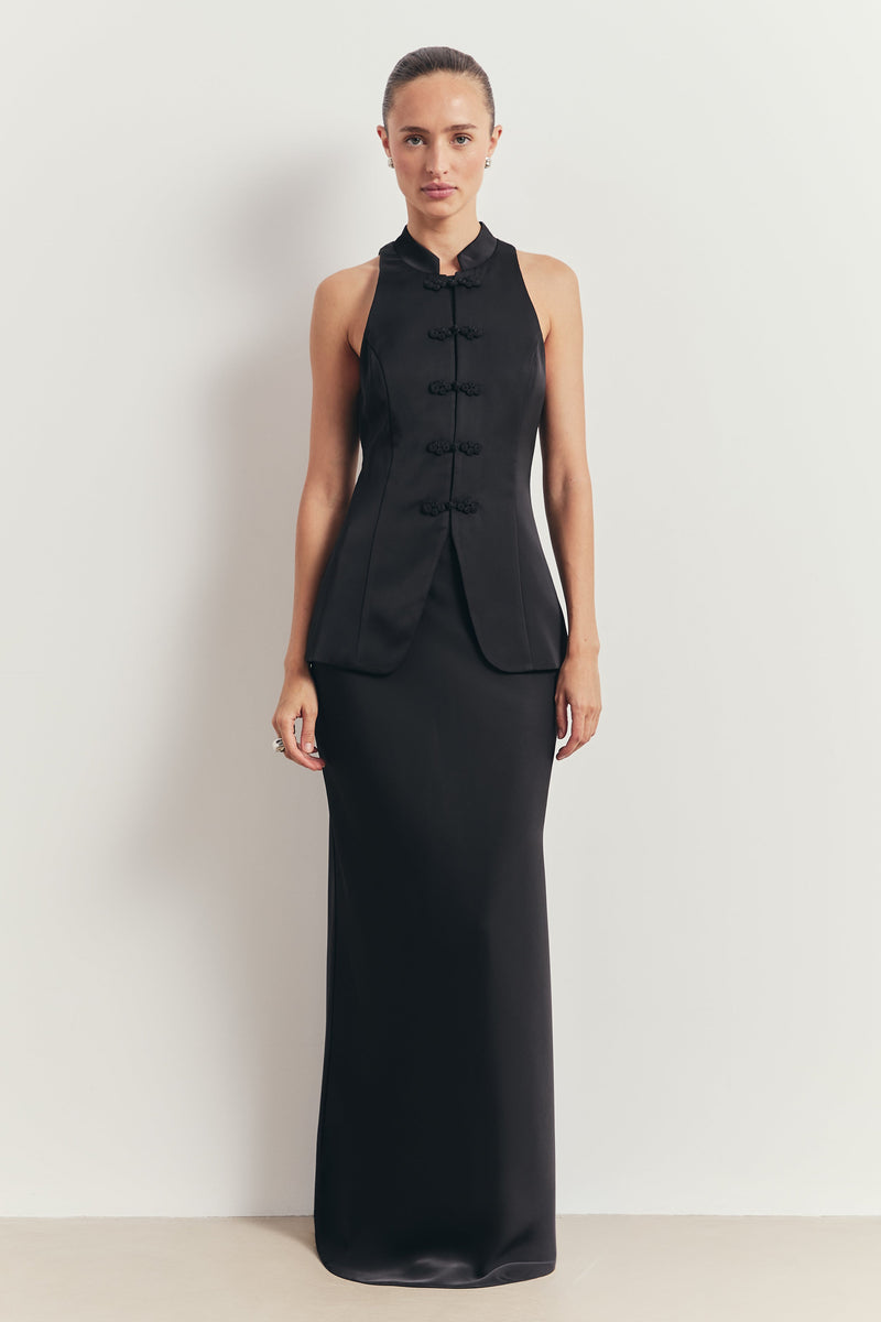 Tailored Satin Bias Cut Maxi Skirt - Black