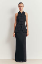 Tailored Satin Mandarin Collar Top - Black