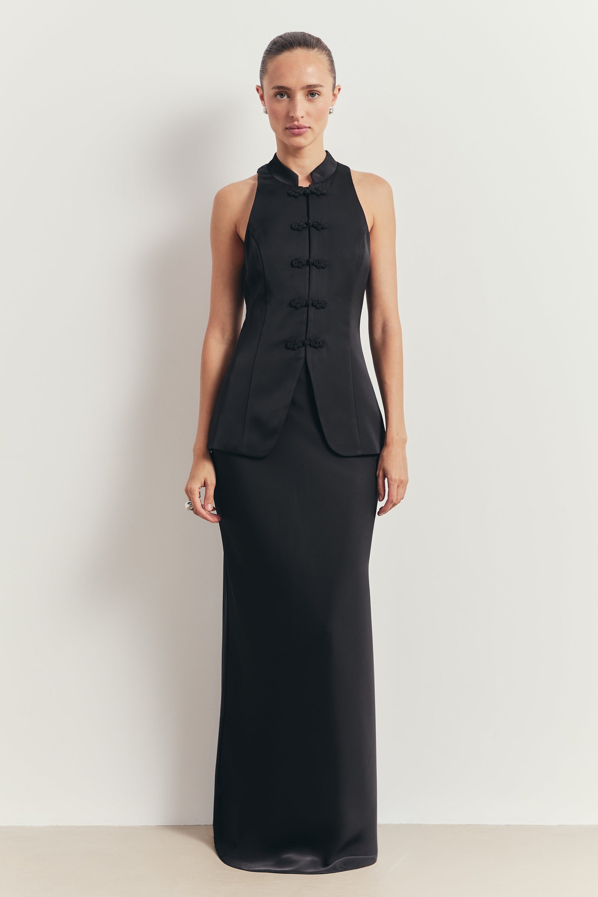 Tailored Satin Mandarin Collar Top - Black