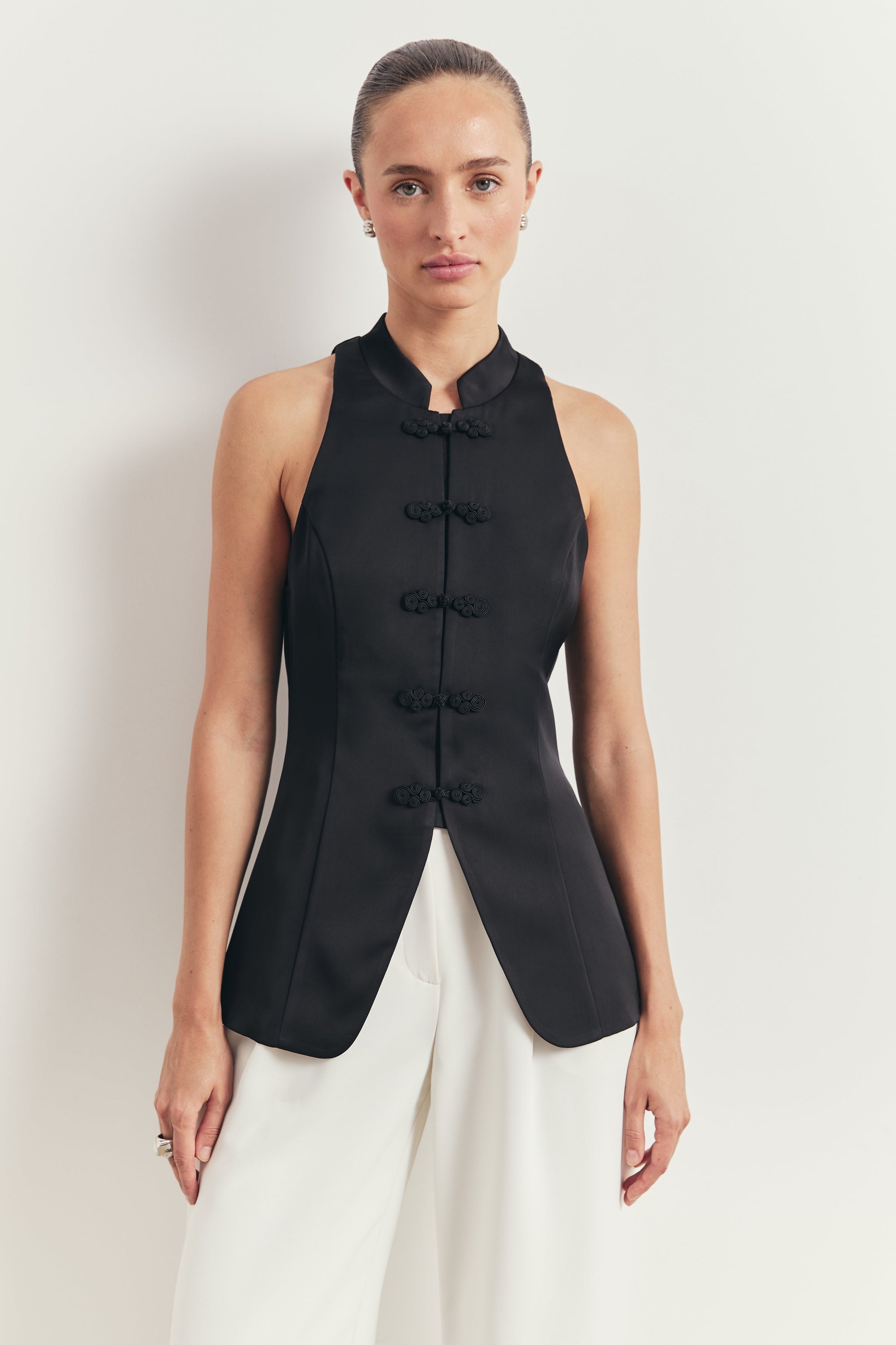 Tailored Satin Mandarin Collar Top - Black
