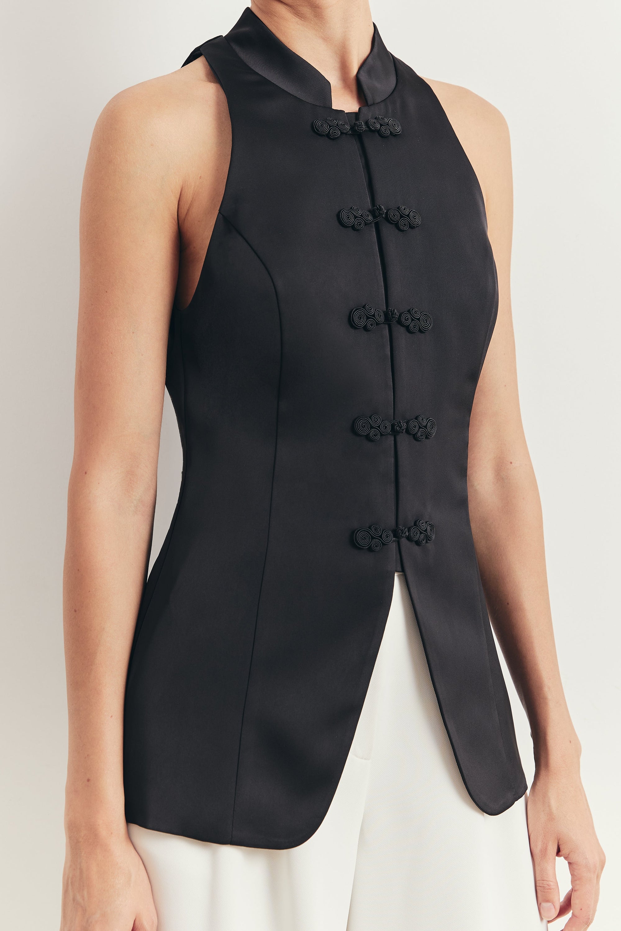 Tailored Satin Mandarin Collar Top - Black