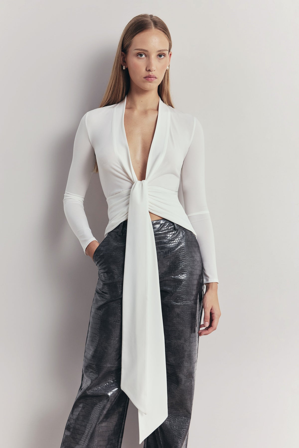 Longsleeve V Neck Tie Waist Top - White