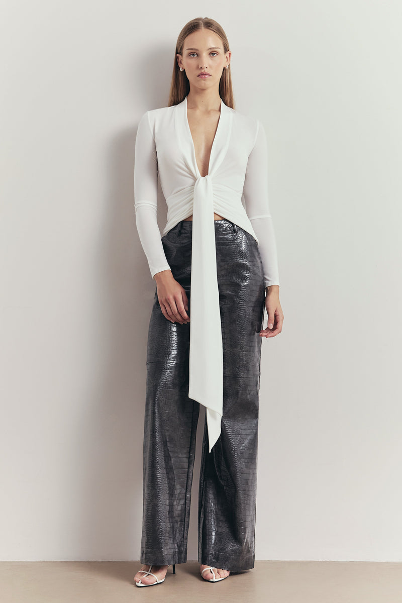 Longsleeve V Neck Tie Waist Top - White