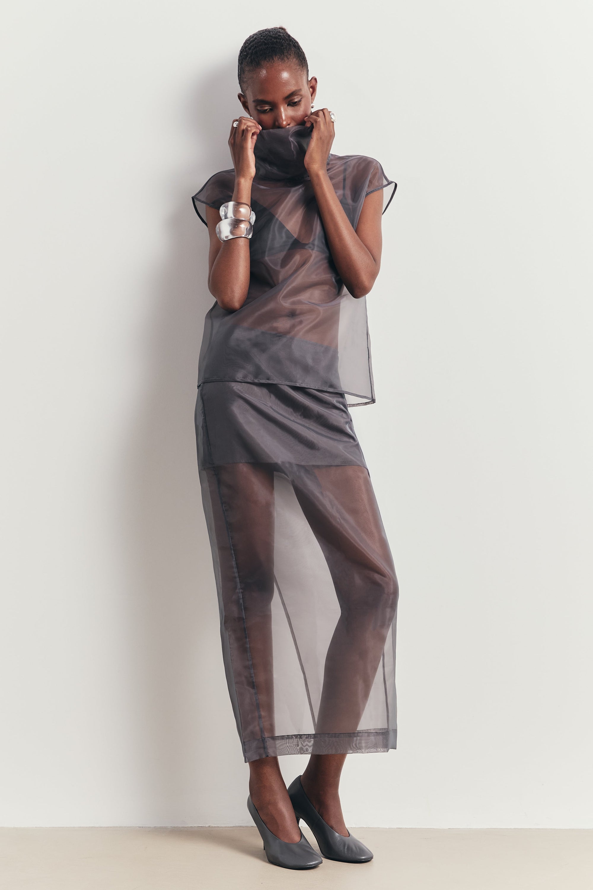 Sheer Organza Column Midi Skirt - Slate