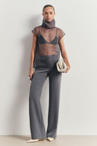 Sheer Organza Funnel Neck Blouse - Slate