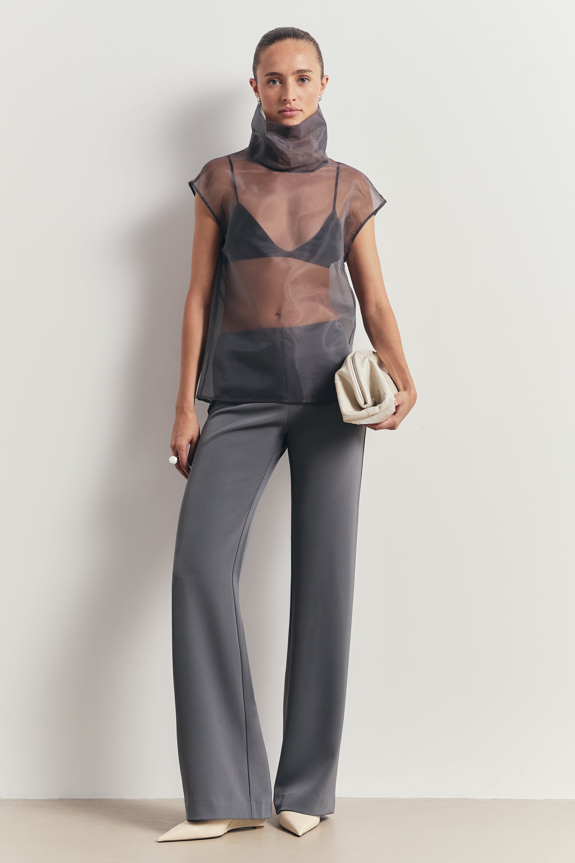 Sheer Organza Funnel Neck Blouse - Slate