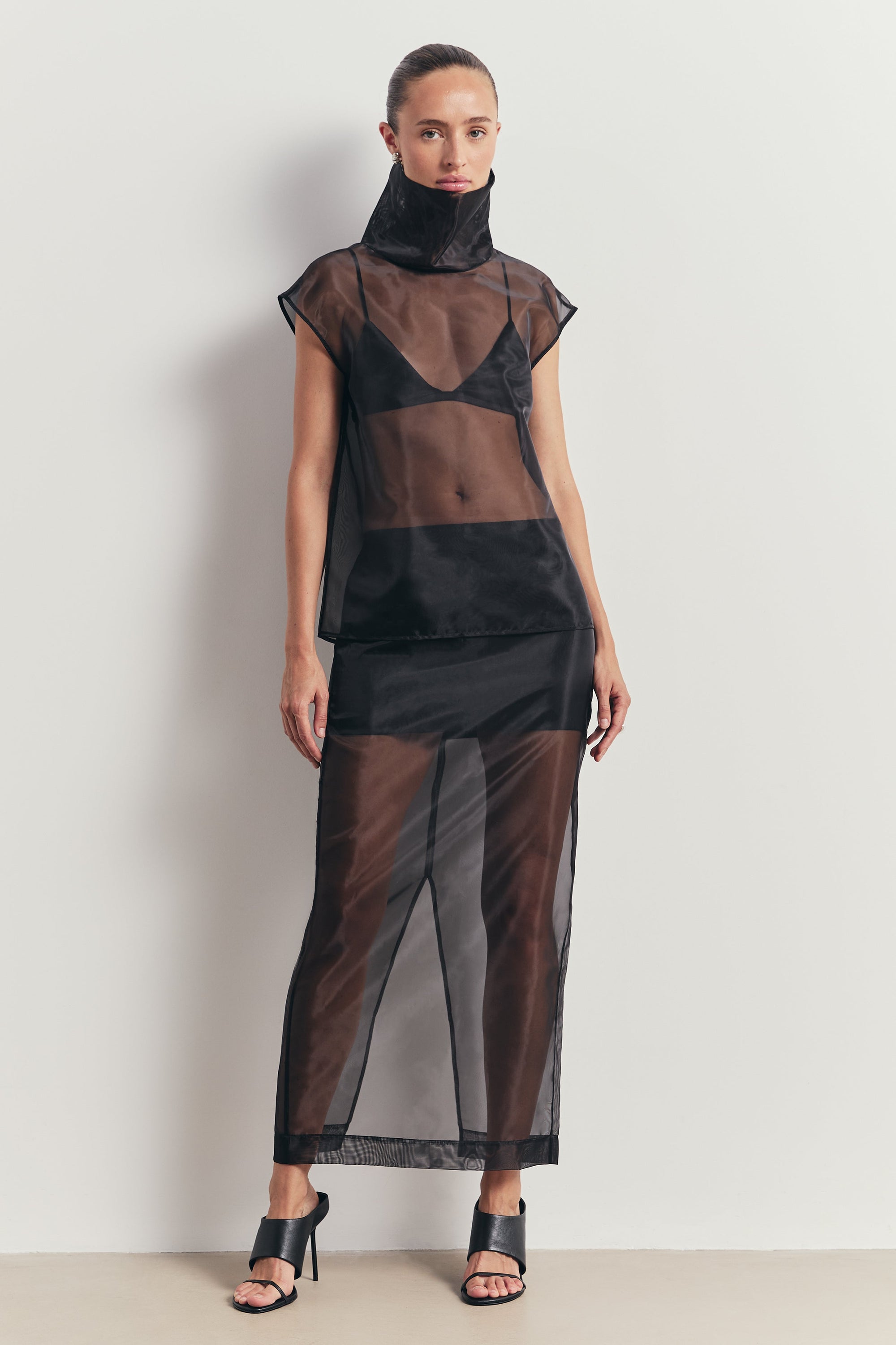 Sheer Organza Column Midi Skirt - Black
