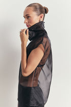 Sheer Organza Funnel Neck Blouse - Black