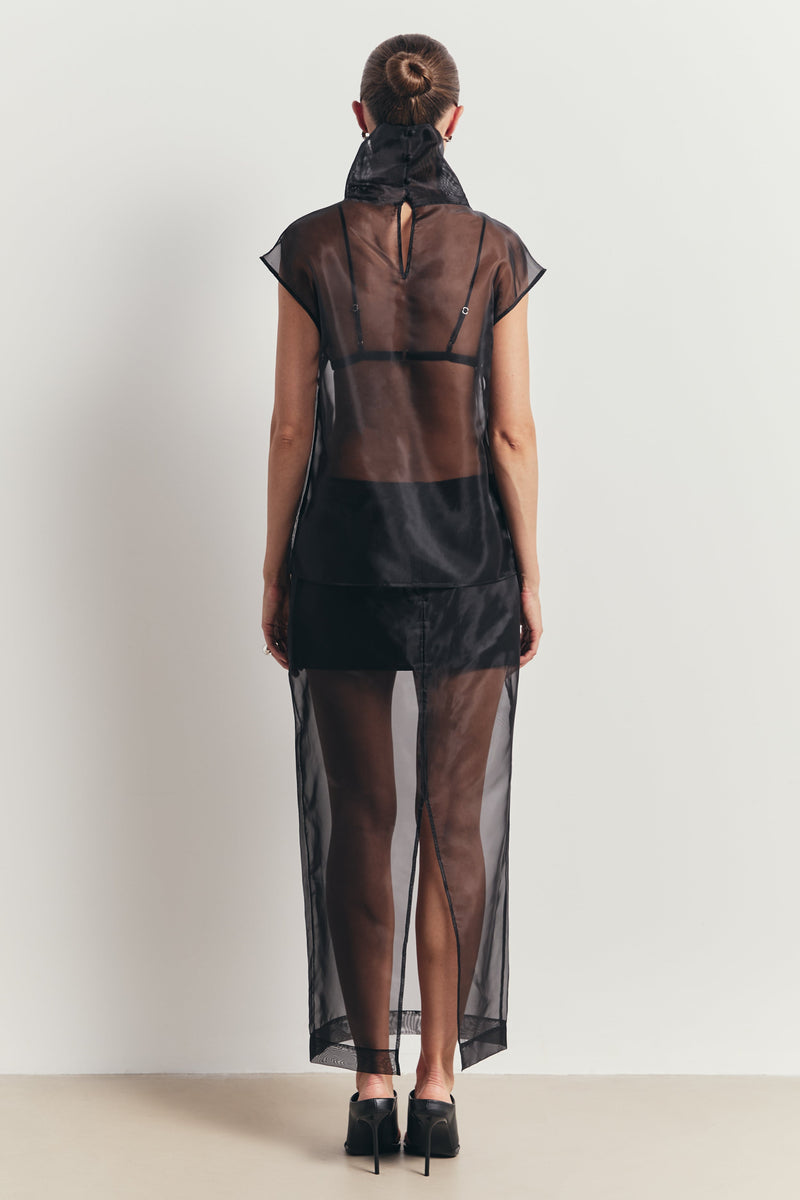 Sheer Organza Funnel Neck Blouse - Black