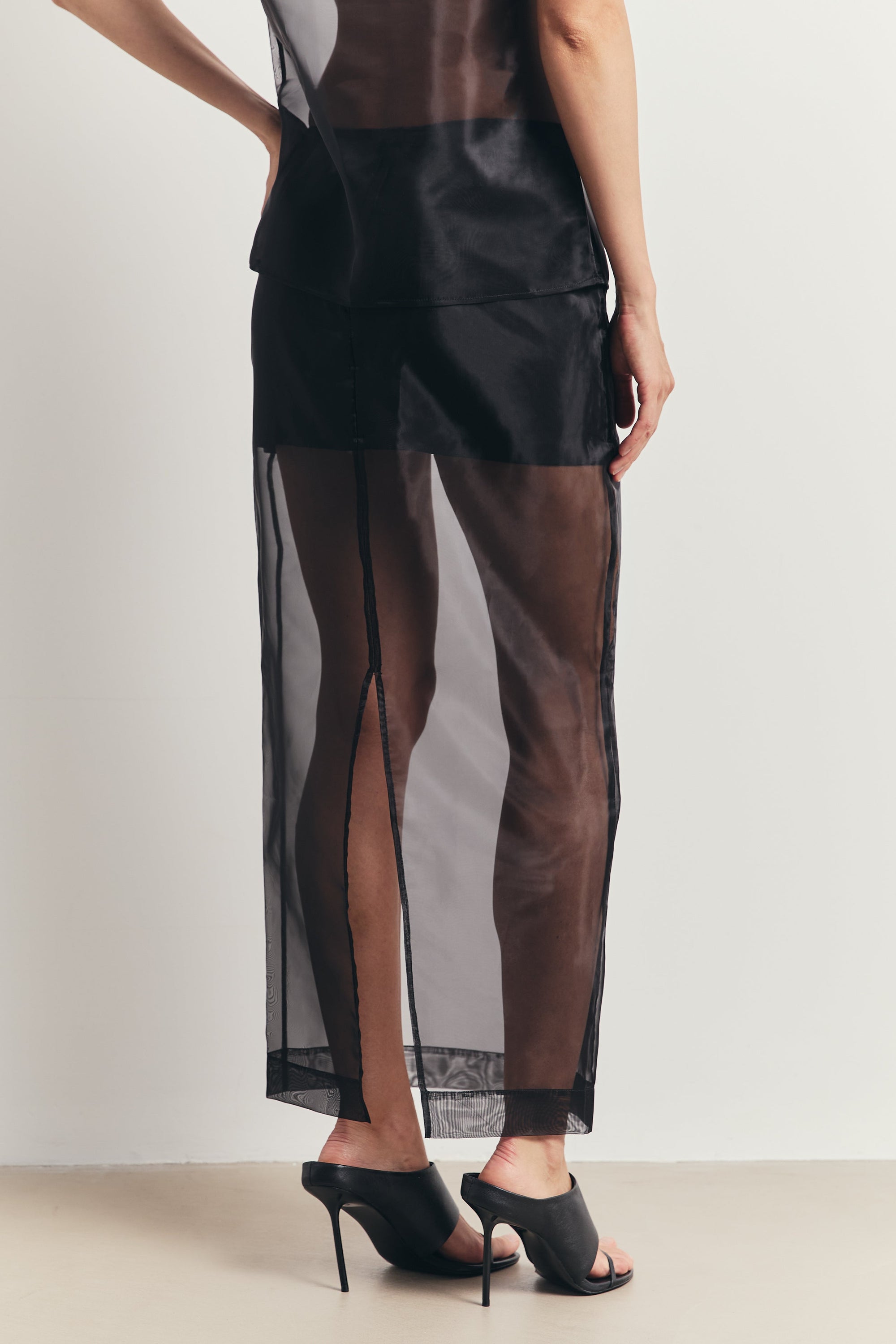 Sheer Organza Column Midi Skirt - Black