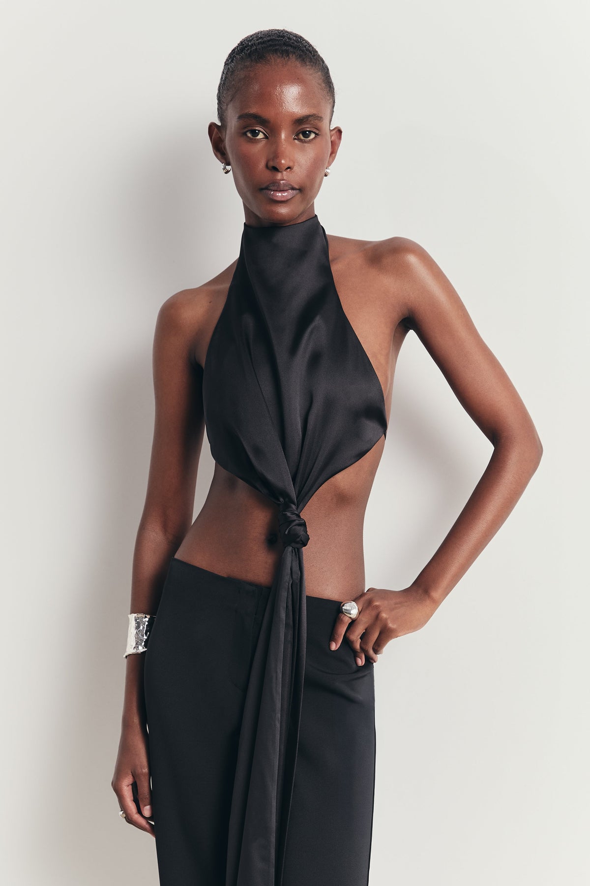 Backless Knot Detail Top with Fringing - Black