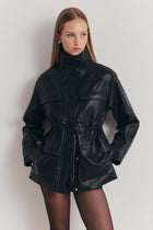 Leather Cargo Utility Jacket - Black