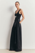 Leather Box Pleat Wide Leg Trousers - Black