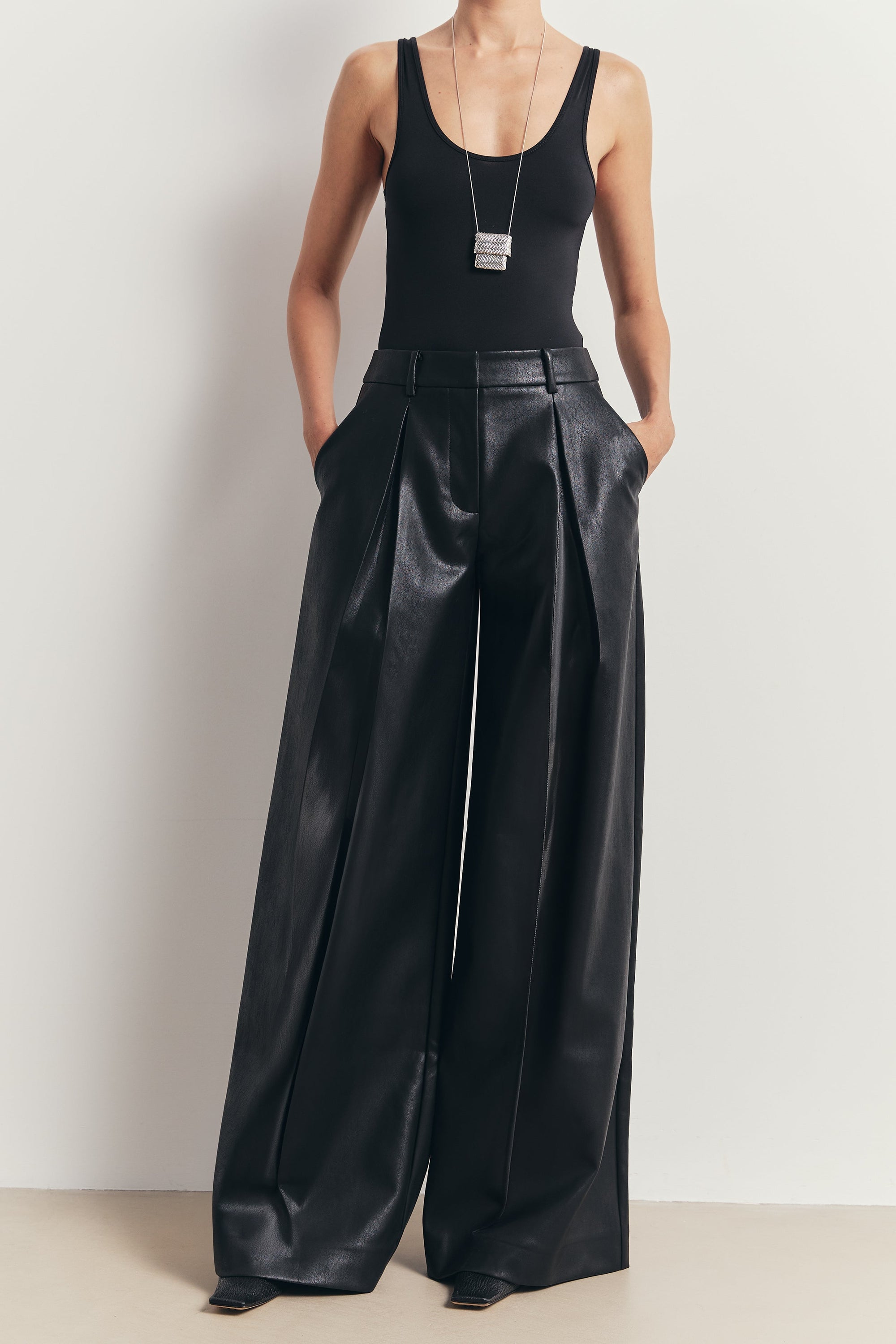 Leather Box Pleat Wide Leg Trousers - Black