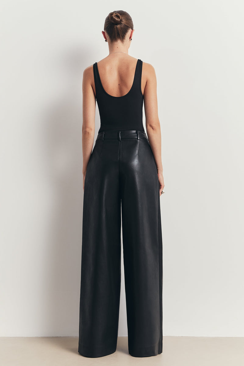 Leather Box Pleat Wide Leg Trousers - Black