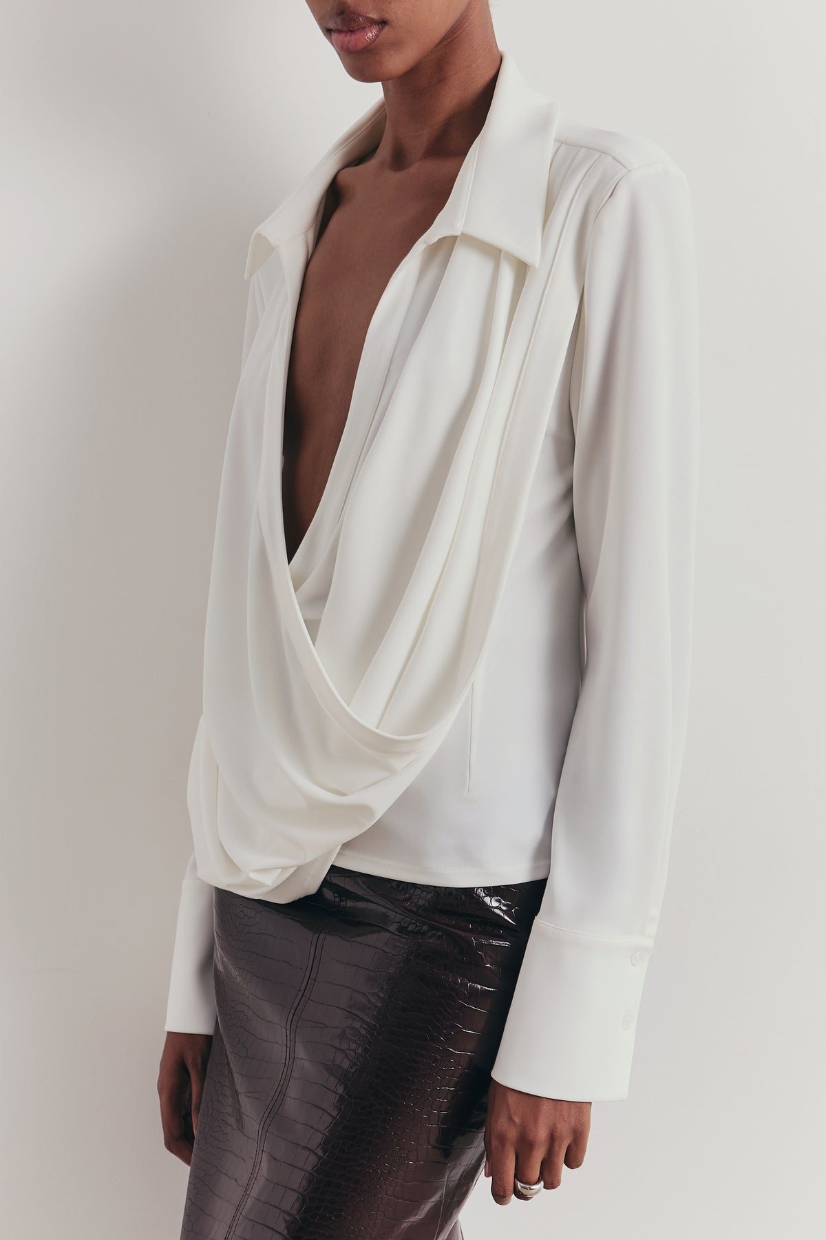 Soft Draped Plunge Front Shirt - White