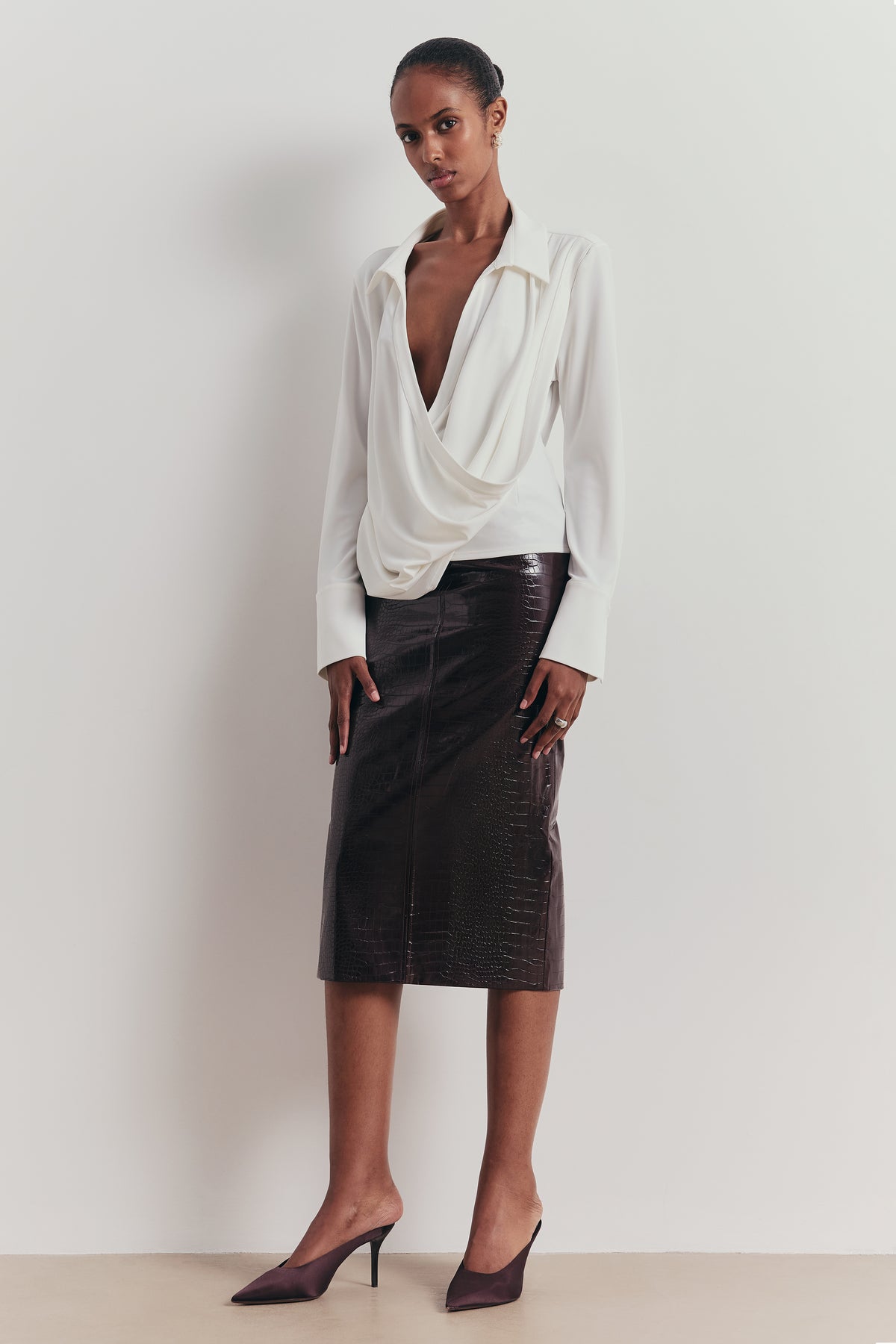 Soft Draped Plunge Front Shirt - White