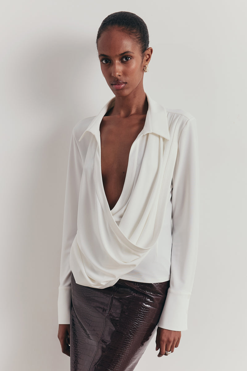 Soft Draped Plunge Front Shirt - White