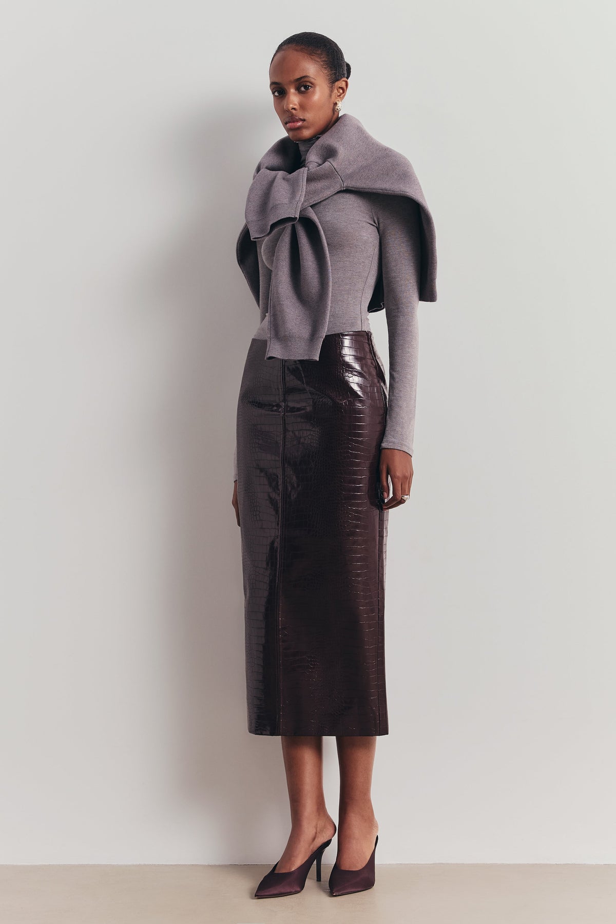 Croc Embossed Leather Tailored Maxi Skirt - Oxblood