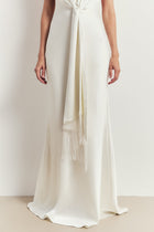 Plunging Knot Detail Gown with Fringing - Ivory