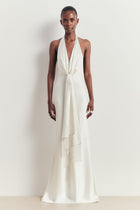 Plunging Knot Detail Gown with Fringing - Ivory