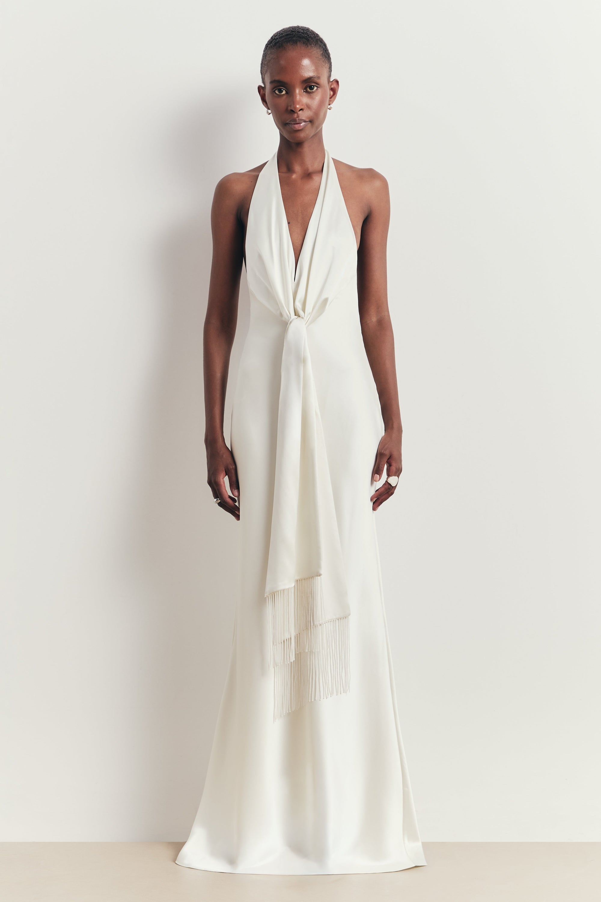 Plunging Knot Detail Gown with Fringing - Ivory