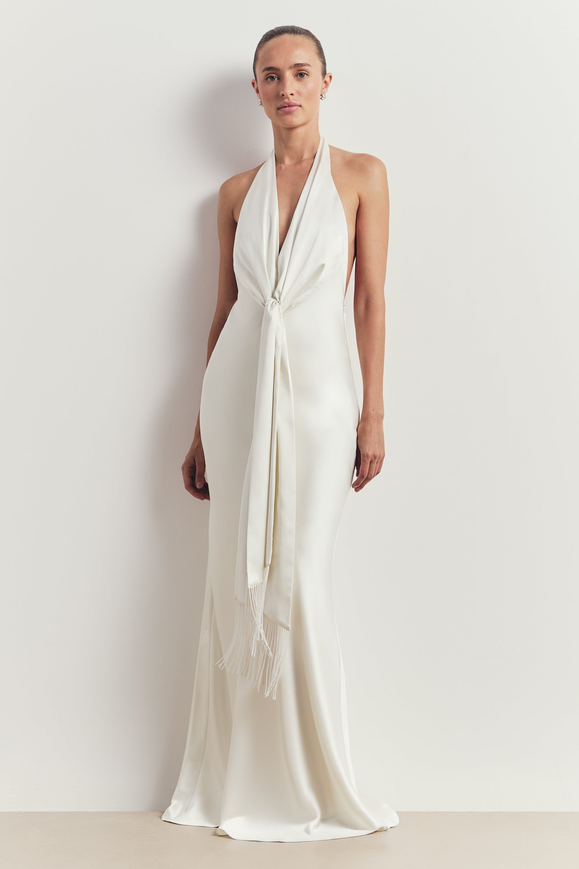 Plunging Knot Detail Gown with Fringing - Ivory