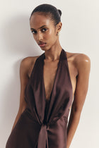 Plunging Knot Detail Gown with Fringing - Carob