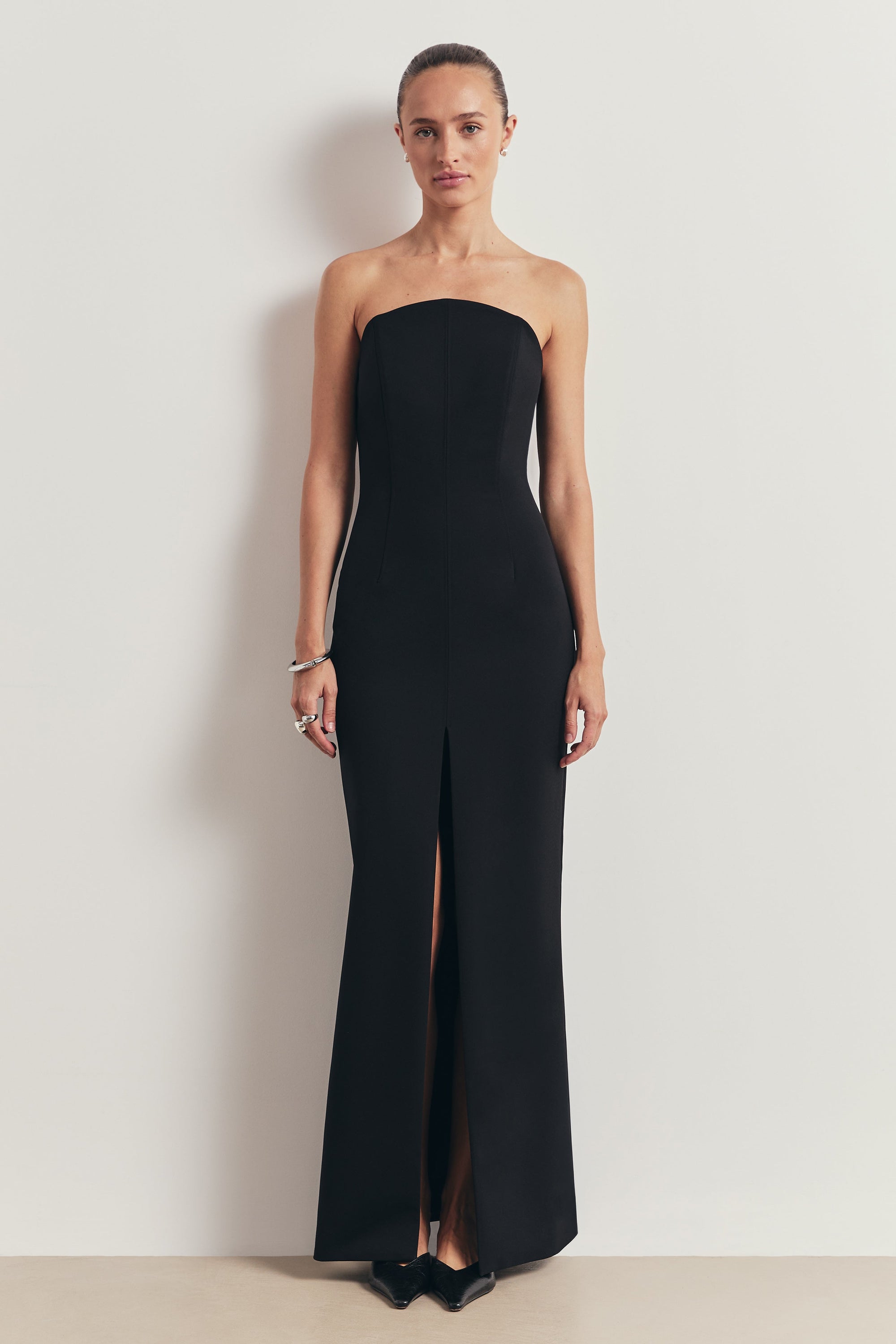 Strapless Tailored Slit Hem Maxi Dress - Black