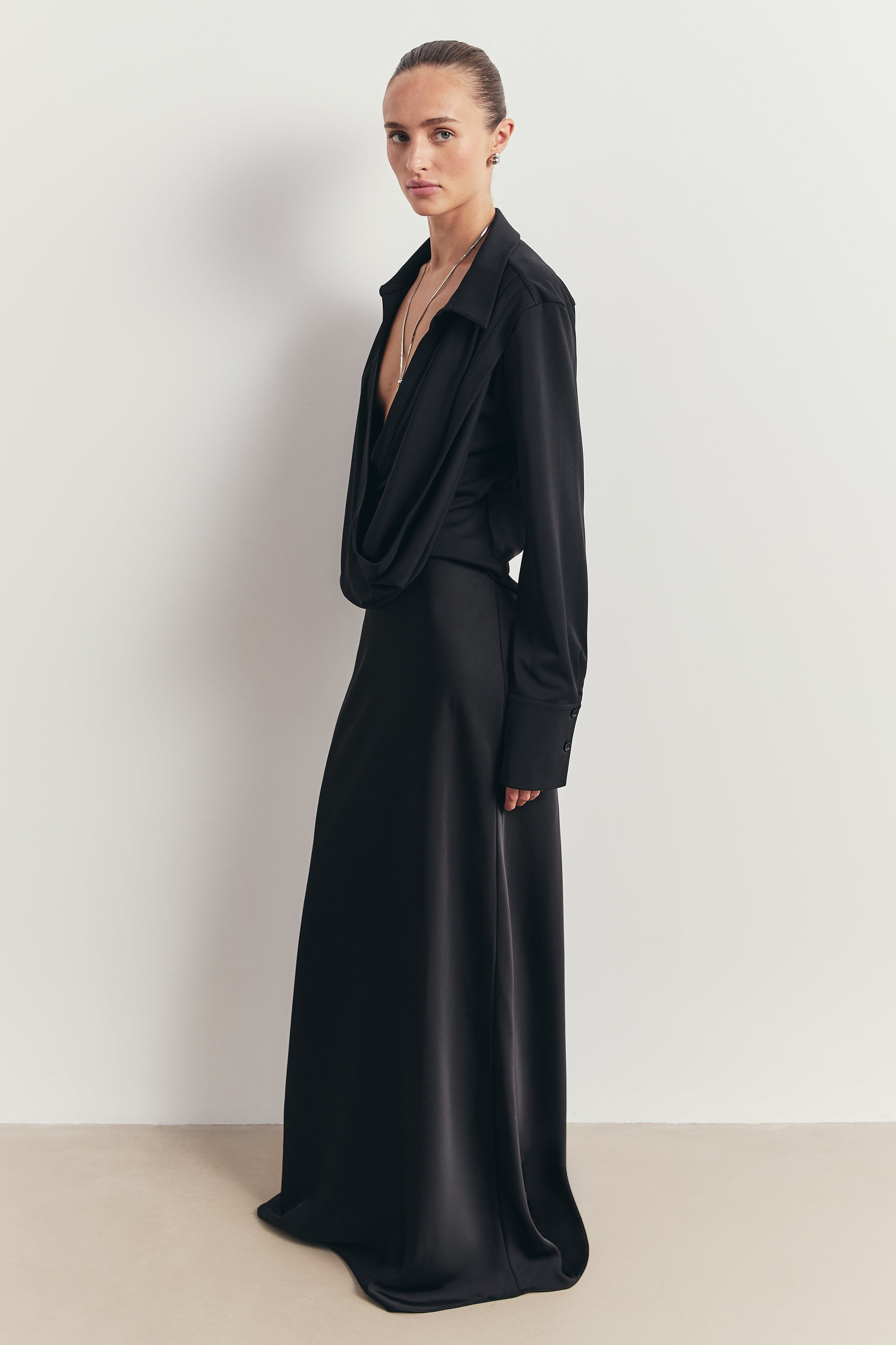 Soft Draped Plunge Front Shirt - Black