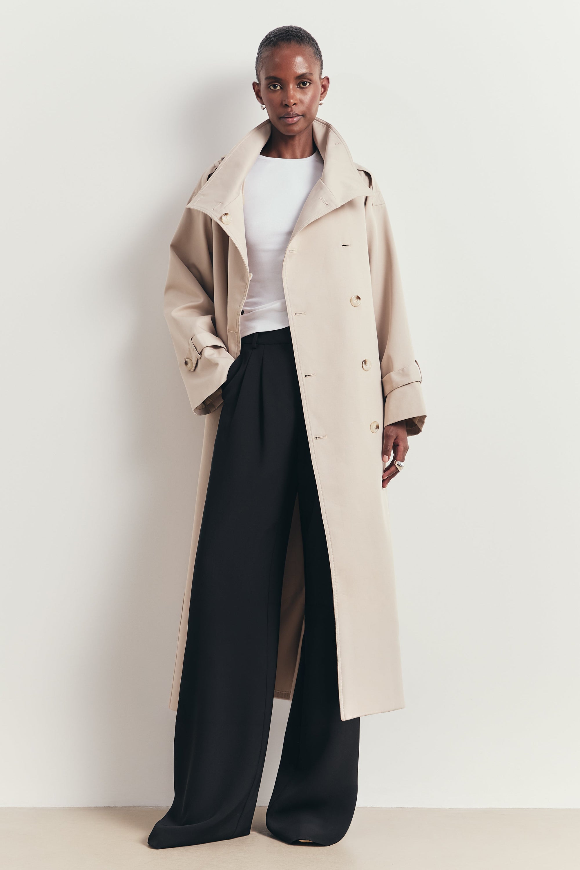 Vintage Funnel Neck Trench Coat - Stone