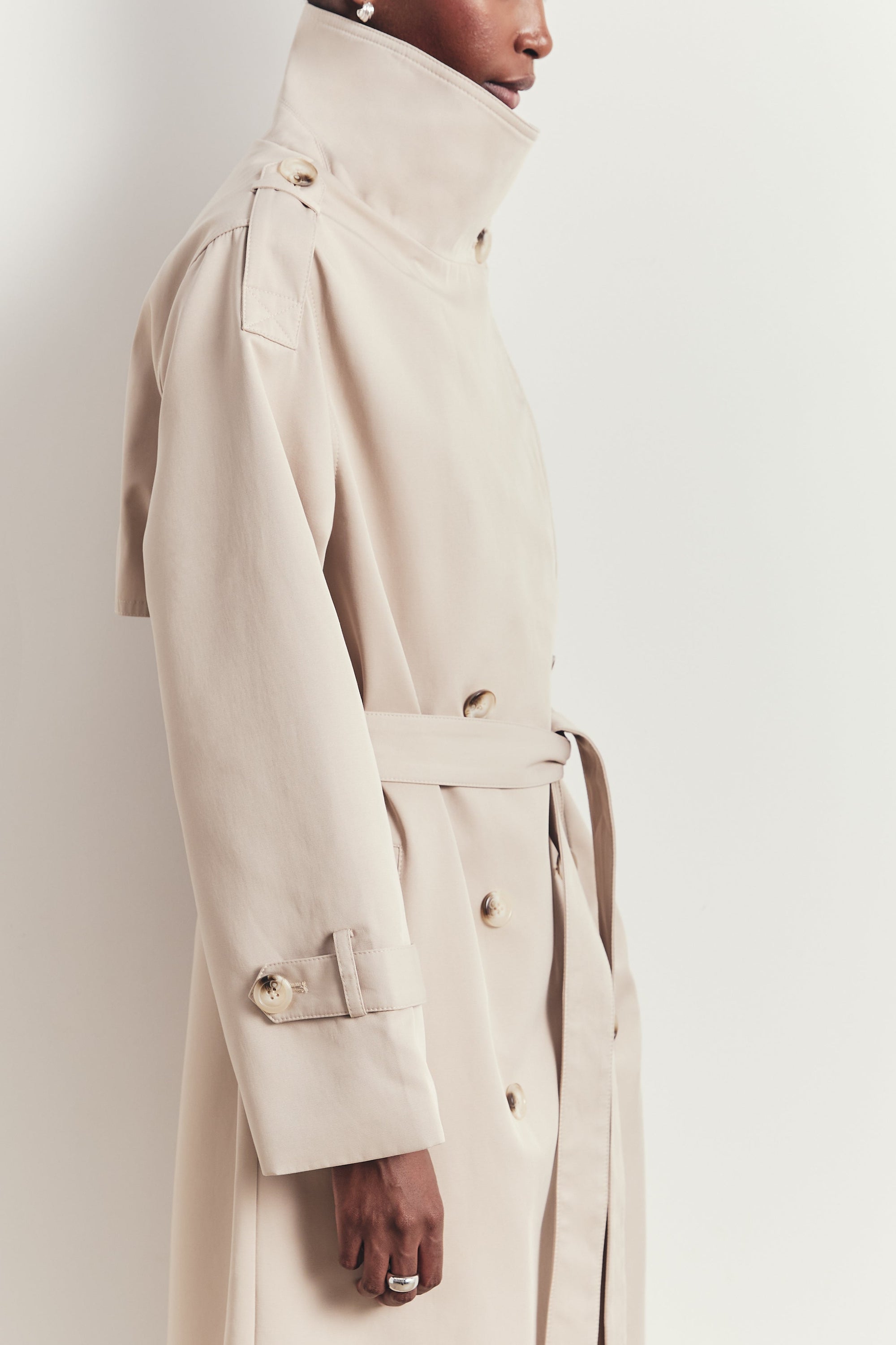Vintage Funnel Neck Trench Coat - Stone