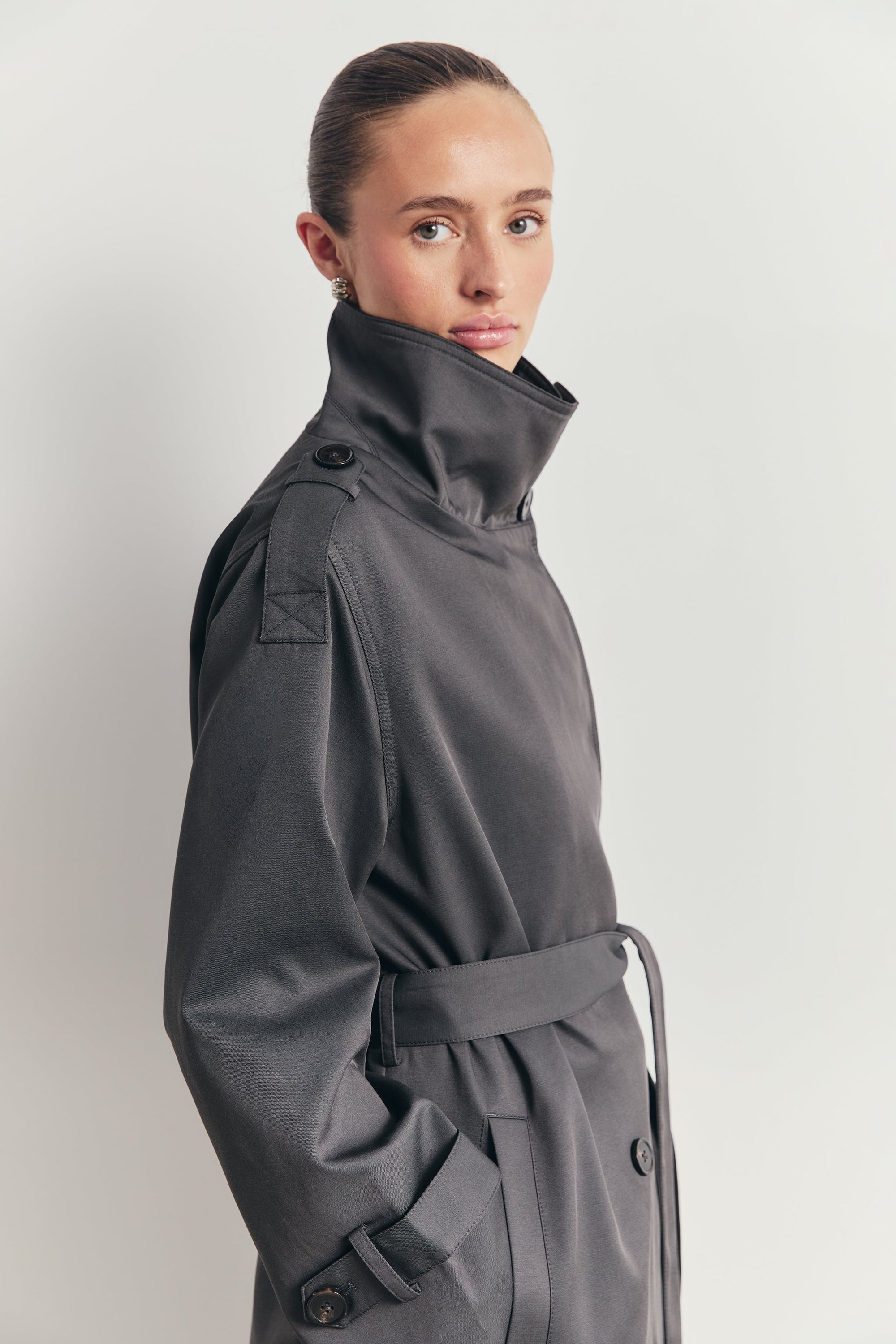 Vintage Funnel Neck Trench Coat - Petrol