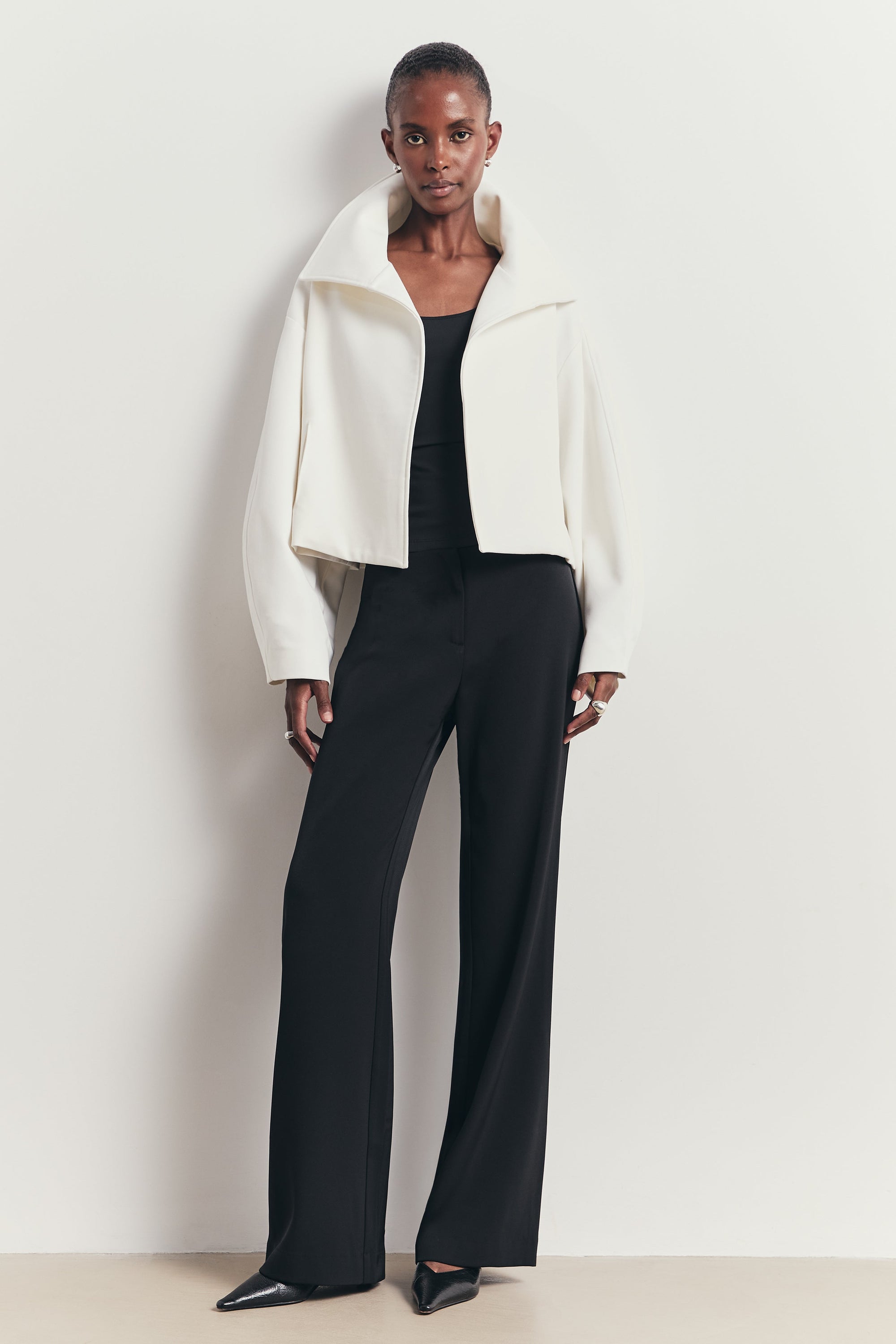 Cropped Funnel Neck Open Jacket - White