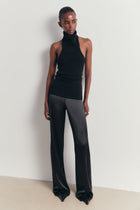 Relaxed Ribbed High Neck Halter Top - Black