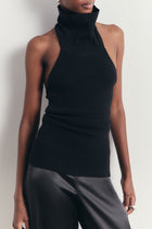Relaxed Ribbed High Neck Halter Top - Black