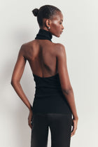 Relaxed Ribbed High Neck Halter Top - Black