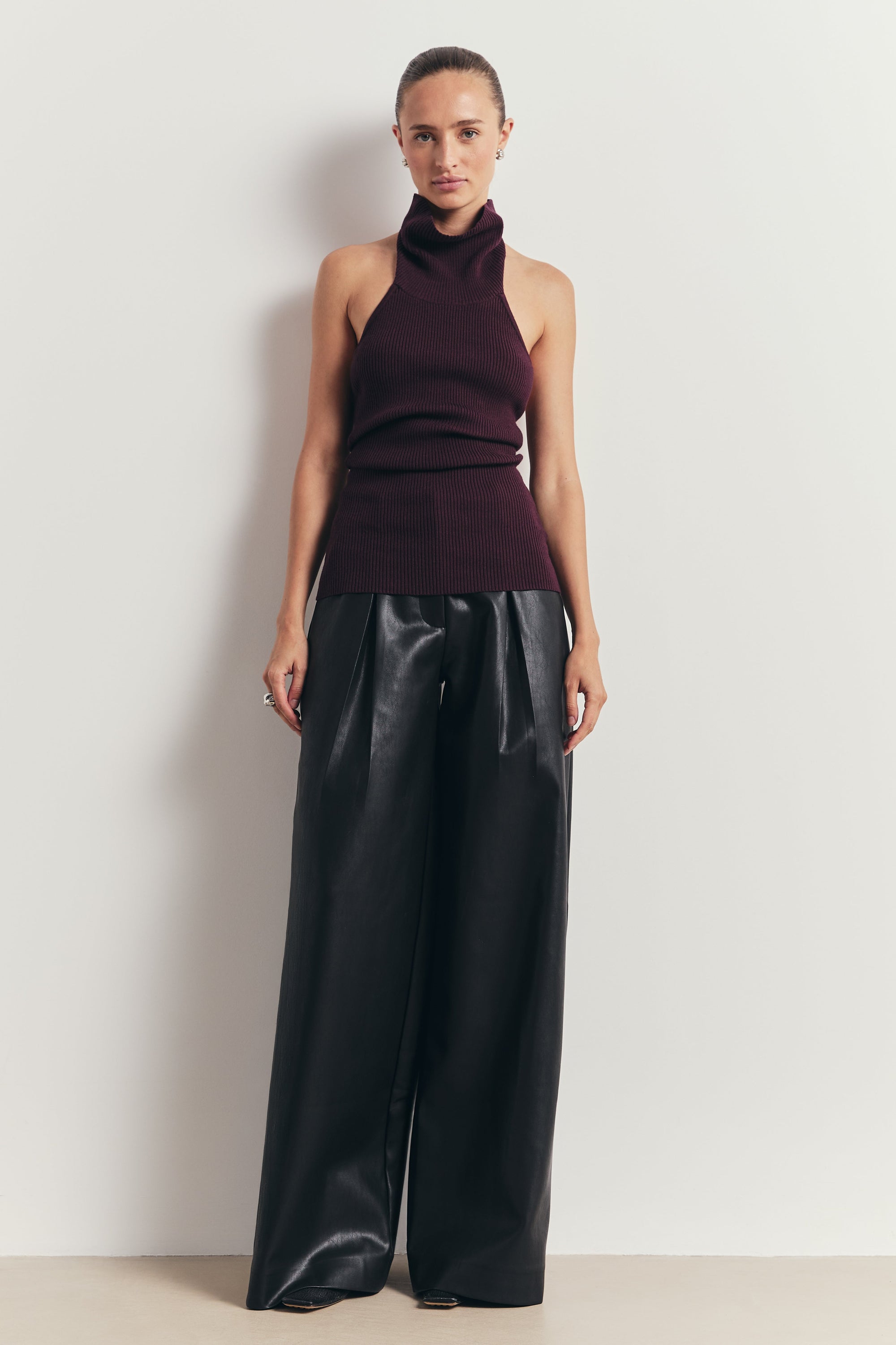 Relaxed Ribbed High Neck Halter Top - Mulberry