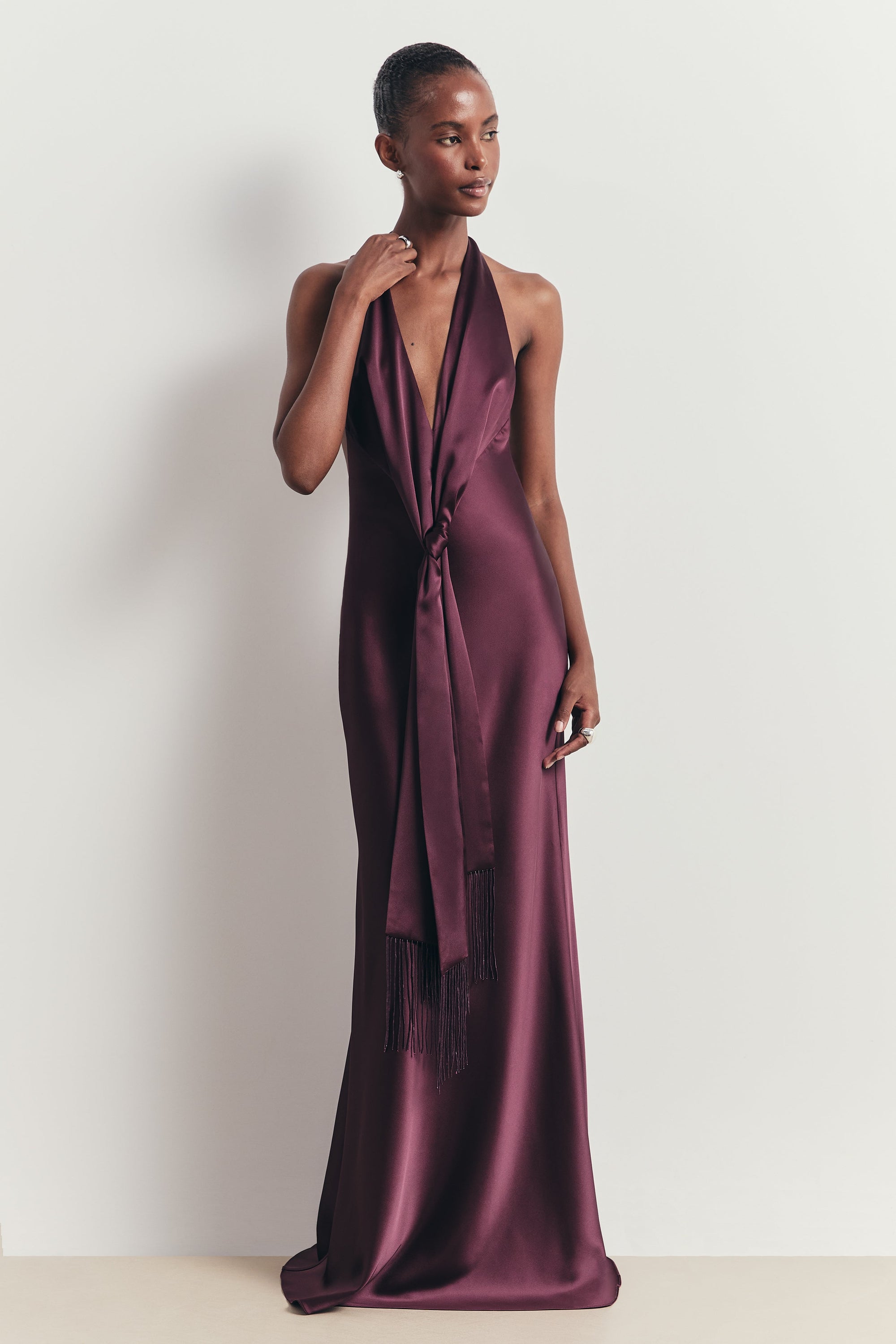 Plunging Knot Detail Gown with Fringing - Mulberry