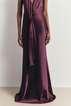 Plunging Knot Detail Gown with Fringing - Mulberry