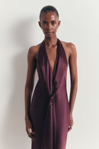 Plunging Knot Detail Gown with Fringing - Mulberry