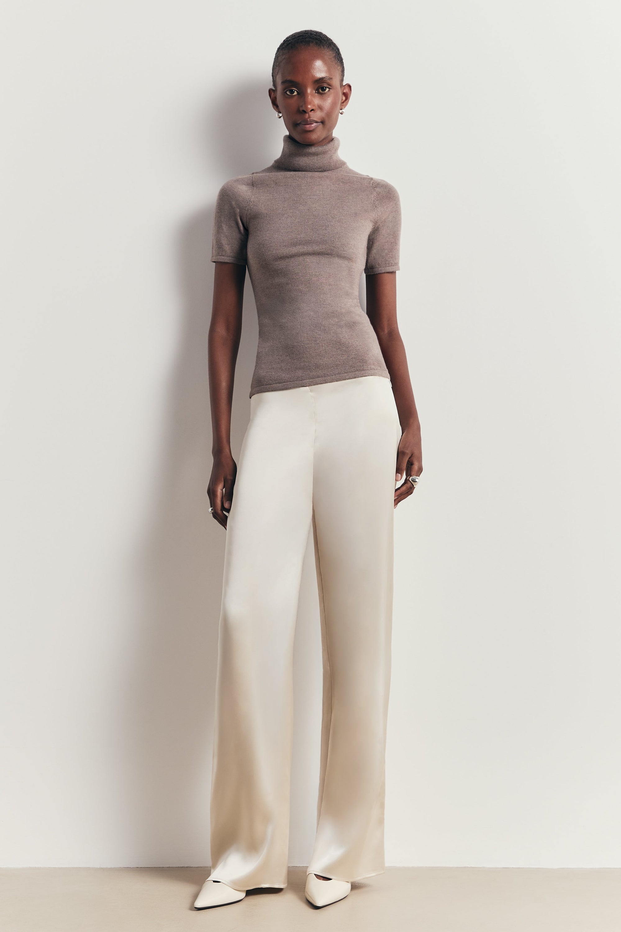 Wool Blend Cap Sleeve Polo Neck Top - Taupe