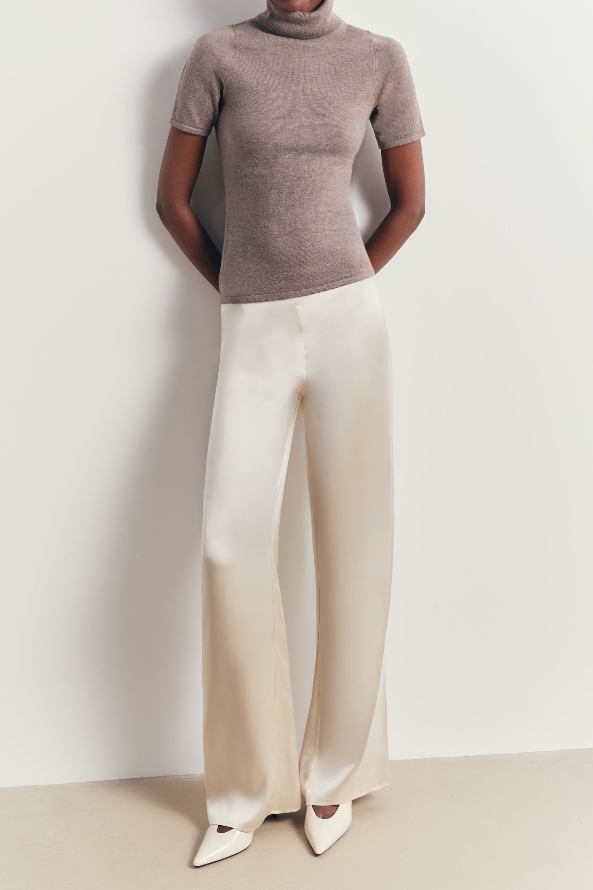 Wool Blend Cap Sleeve Polo Neck Top - Taupe