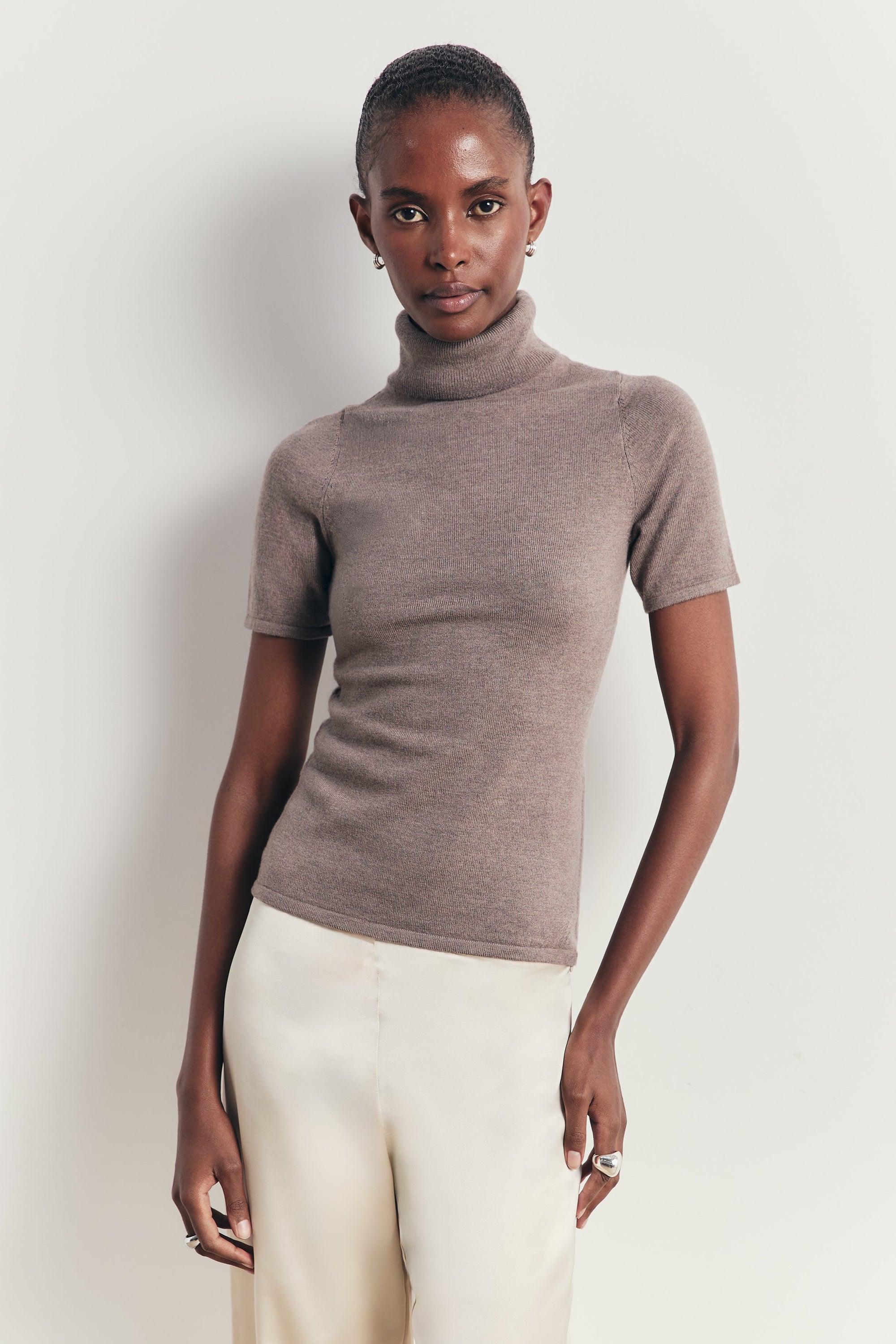 Wool Blend Cap Sleeve Polo Neck Top - Taupe